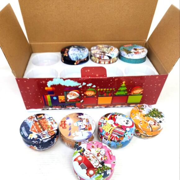 Box of 16 Christmas Candles in Tins Assorted Designs Gifts Girlfriends Party New - Picture 1 of 6
